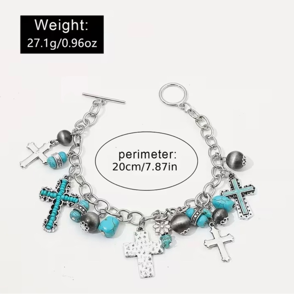 Alloy Pendant Iron Chain Beaded Faux Turquoise Inlaid Drop Oil Cross Bracelet - Picture 2 of 6